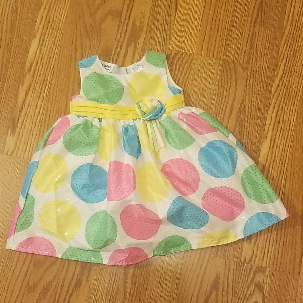 Blueberi Boulevard White Dress with Pastel Polka Dots and Yellow Sash